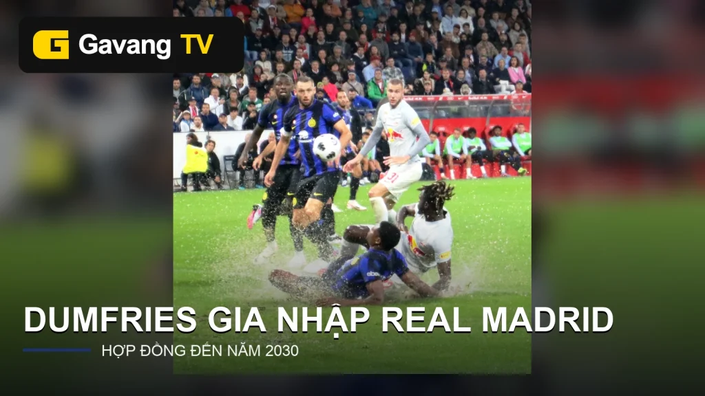 Denzel Dumfries thi đấu cho Inter trước khi gia nhập Real Madrid, có logo GavangTV
